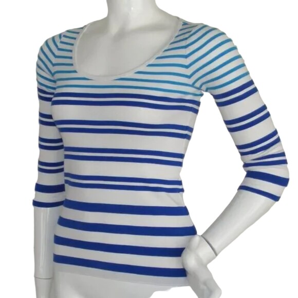 TOMMY BAHAMA Top/Tee, XXS, Striped, 3/4 sleeves, Tonal Blue/White, Cotton - Picture 3 of 7